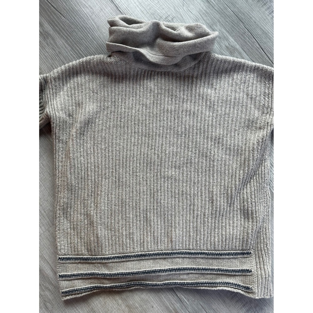 Prana Womens Wool Blend Ribbed Turtleneck Sweater Oatmeal Beige Striped Hem L